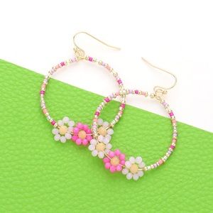 Pink Faceted Beaded Triple Flower Accented Open Circle Dangle Earrings